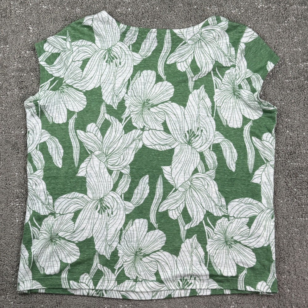 Tahari Linen Top Womens Small Green Floral Cap Sleeve Button Side Casual Summer - Picture 3 of 7
